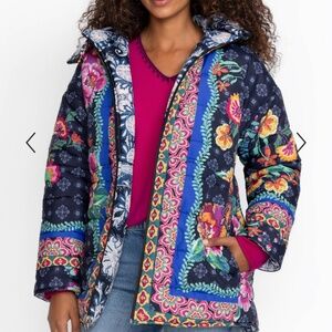 Johnny Was Mauri Reversible Quilted Puffer Jacket Darnahta Scarf Print Coat XS
